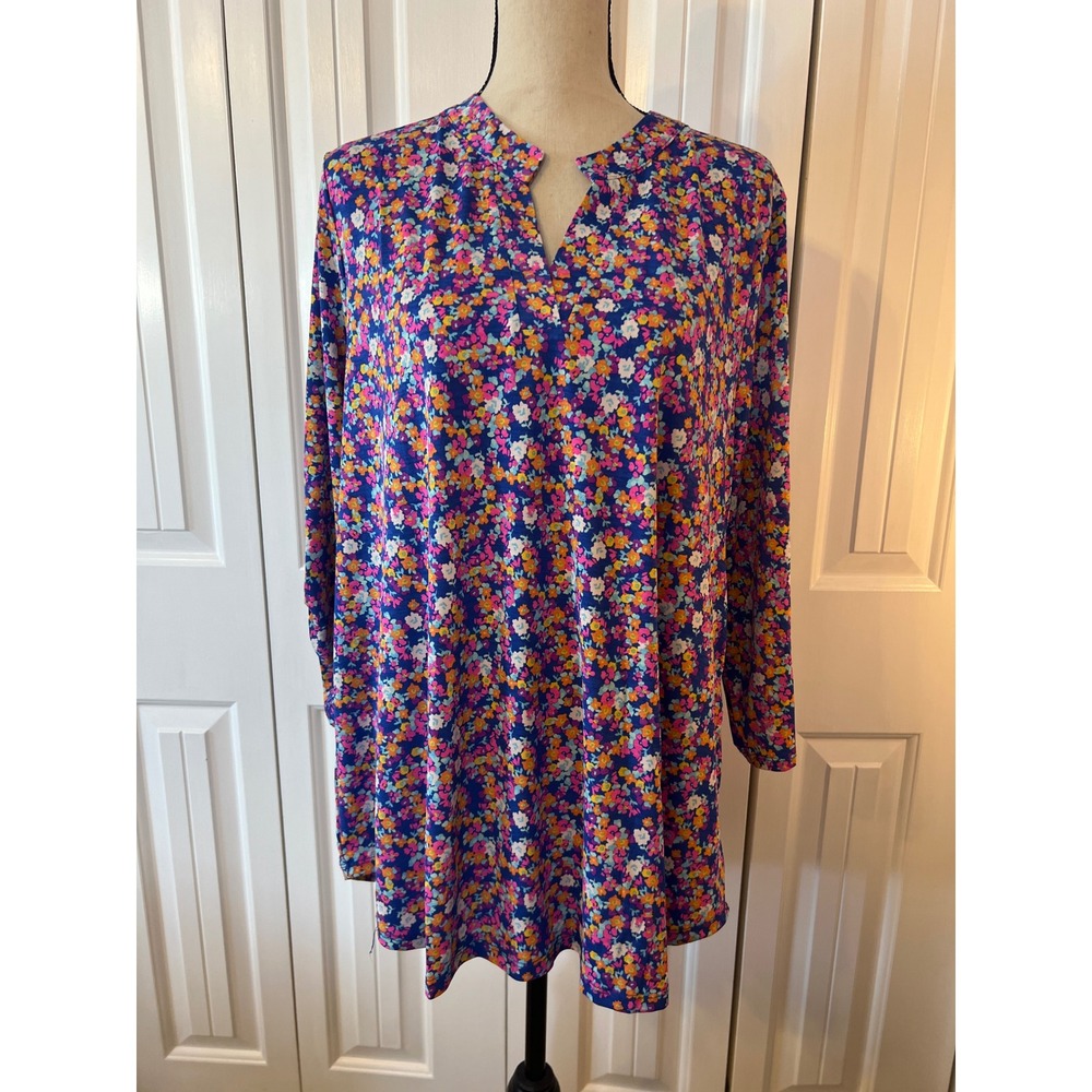 Dear Scarlett Floral Split Neck Tunic Top XL Blue Pink Orange LIZ-C0026P NWT
